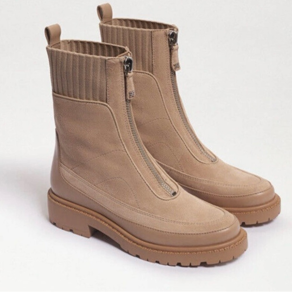 Sam Edelman Taupe Zip-Front Ribbed Ankle Boots